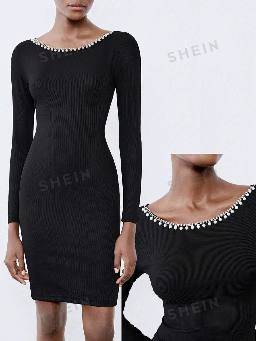 Chiquease Vestido de manga larga, hombros descubiertos, cadena de perlas, elegante, sexy, casual/de oficina, de media longitud, para mujer, de material de punto elástico de unicolor, de primavera/otoño