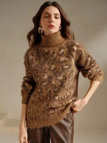 Anewsta 女士秋冬落肩长袖欧美复古豹纹高领针织套头衫 - 駝色 - 查看 6