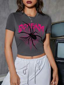 SHEIN EZwear 3 件套 Tween 女孩休闲蜘蛛图案 T 恤，复古酷女孩 Y2K 风格短袖短款上衣，适合夏季 - 彩色 - 查看 9