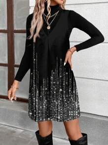SHEIN LUNE Women Casual Minimalist Sparkle Sequin Dress, Suitable For Autumn/Winter - Multicolor - View 3