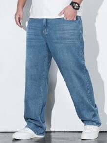 Manfinity Homme Plus Size Men's Casual Pocket Straight Baggy Jeans, Versatile - Blue - View 1