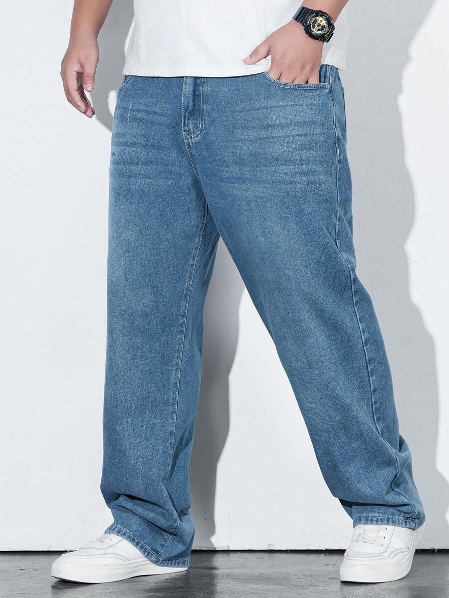 Manfinity Homme Plus Size Men's Casual Pocket Straight Baggy Jeans, Versatile - Blue - View 1