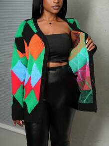 Slaydiva Nuevo suéter/chaqueta de mujer de manga larga con cuello en V, de ajuste holgado y estampado argyle, colores variados para otoño/invierno 2024 - A
