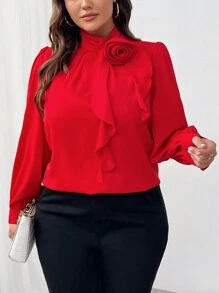 SHEIN Damska bluzka z kołnierzykiem z falbanką w rozmiarze plus size, ozdobiona kwiatami 3D, jesienna, noworoczna, walentynkowa