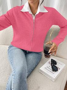 Chiquease 女式纯色插肩袖前拉链休闲开衫，秋冬款 - 西瓜粉 - 查看 7