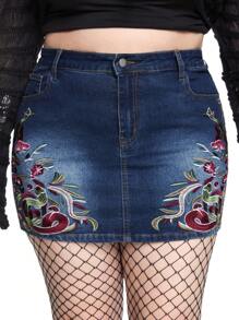 ROMWE Fairycore Plus Size Women Vintage Floral Embroidery Bodycon Mini Denim Skirt - Blue - View 2