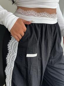 Flirla Black Lace Trim Casual Versatile Pants
