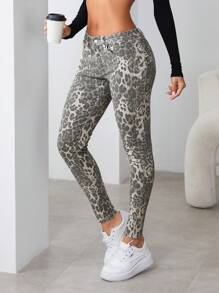 女士豹纹口袋休闲紧身牛仔裤，百搭 - 彩色 - 查看 5