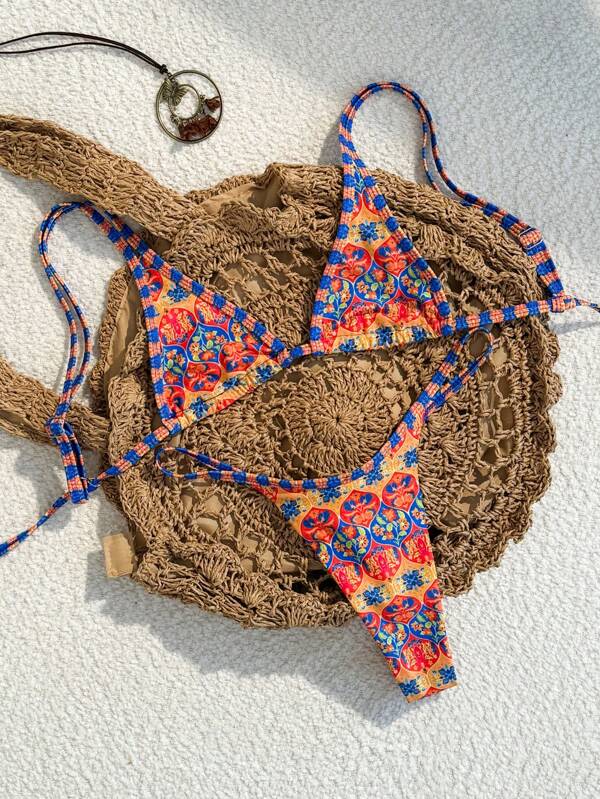 Swim Vcay Set de bikini pentru damă, cu imprimeu boem, cu margini cu bretele colorblock, pentru vară