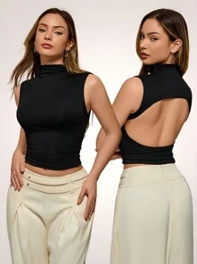 Glamine Ärmelloses, tailliertes, sexy Tank Top mit hohem Halsausschnitt für Damen, Party-Tops, Club-Outfits für Damen, schwarzes, rückenfreies, sexy Top - Schwarz - Übersicht 3