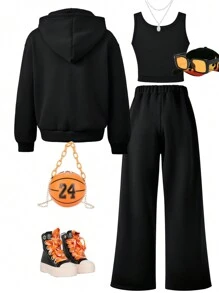 SHEIN Tween-Mädchen Set aus Weste mit Buchstabendruck, Jacke und lässiger Hose