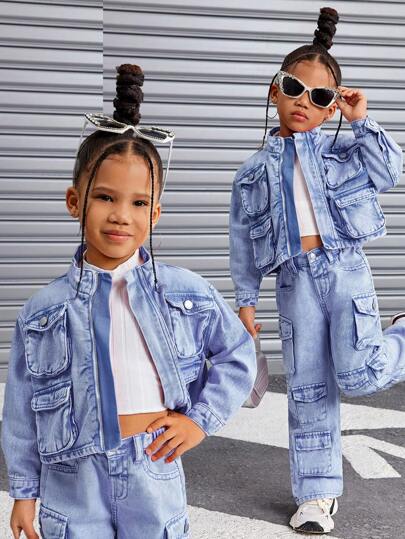 SHEIN Y2K 可爱粉色牛仔立领长袖多口袋外套，适合年轻女孩，街头酷炫风格，春夏休闲度假波西米亚风，沙滩装，西部街头风。