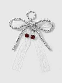 ROMWE Goth 1 件 Y2K 精致甜美时尚百搭高品质手工串珠银 CCB 白色蕾丝蝴蝶结仿樱桃吊坠钥匙扣包饰，适合女性女孩日常穿着和节日礼物 - 白色 - 查看 3