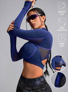 Innovista Damen Skinny Fit rückenfreies Push-up & atmungsaktives Mesh-Ausschnitt Sport Langarm T-Shirt, Basic T-Shirt, Workout Tops Crop Tops, Party, Gym & Alltag Lässig, Festival, Ausgehen, Sportbekleidung, sexy Langarm Oberteil, leichtes Blau - marineblau - Übersicht 3