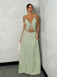 SHEIN BAE Women's Summer Beach Resort Romantic Date Everyday Wear Camisole Lace Splice Tie-Up Top + Low Waist Ruched Long Vacation A-Line Dress, White Linen Fabric Set - Mint Green - View 5