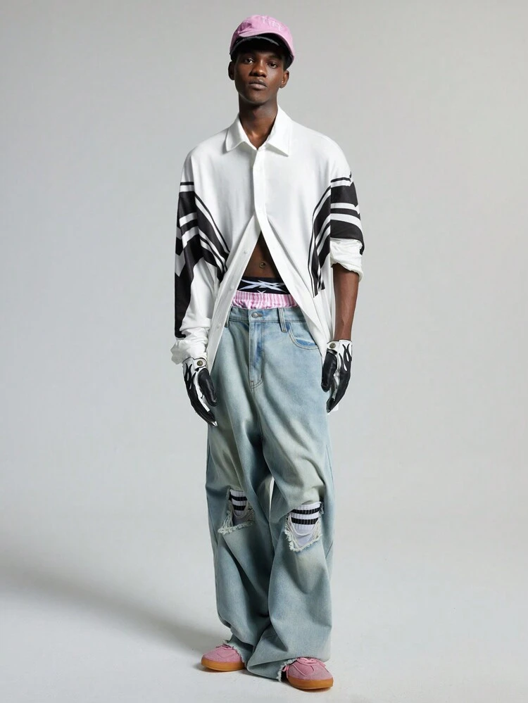 Men's Woven Contrast Color Stripe & Numeral Print Long Sleeve Shirt