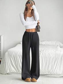 SHEIN EZwear Pantalones rectos sueltos con corbata a la cintura para mujer, grises, para otoño/invierno