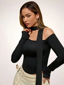 Glamine Solid Color Long Sleeve Slim Fit Casual Women Top - Black - View 5