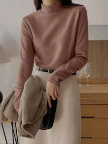 DAZY Women's Casual Solid Color Stand Collar Thermal Lined Basic T-Shirt, Autumn/Winter Long Sleeve Women Tops,Fall Women Clothes Turtleneck Women - Rose Red - View 8