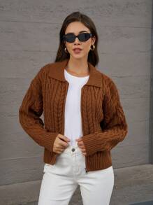 INAWLY Women's Autumn/Winter Turtleneck Zip-Up Retro Ribbed Knitted Cardigan Sweater - Khaki - View 4