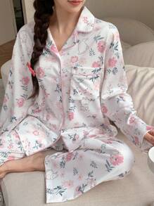 DAZY Floral Print Contrast Color Trim Long Sleeve Pajama Set