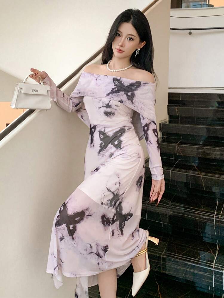 Elegant Mesh Butterfly Print Off Shoulder Mid-Length Dress Festival Prom Dress,Fall Dress Long Sleeve Dress