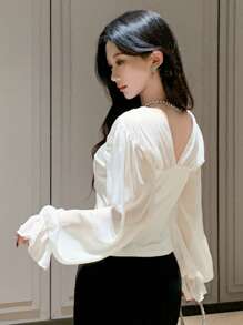 DAZY Women's V-Neck Patchwork Puff Sleeve Shirt, Minimalist & Fashionable For Casual Daily Wear,Ruffle Sheer,Fall Clothes Long Sleeve Top - Beige - View 2