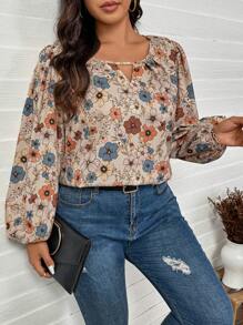 SHEIN LUNE Camisa con estampado floral de manga farol informal para tallas grandes, adecuada para conjuntos de estilo boho, vaquera, hippie, bohemio y occidental para mujer en otoño, verano y primavera, especialmente para festivales, vacaciones de primavera y raves.