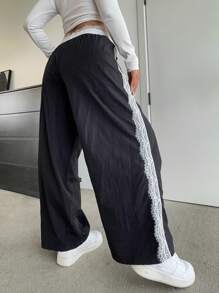 Flirla Black Lace Trim Casual Versatile Pants