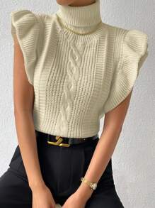 Chiquease Women High Neck Ruffled Sleeveless Elegant Sweater Vest - Apricot - View 5