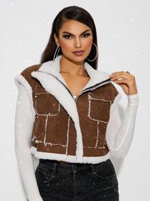 SHEIN SXY Veste sans manches en polaire épaisse de couleur marron foncé Maillard pour l'automne et l'hiver