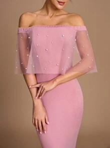 SHEIN Belle Vestido de mujer elegante y romántico con mangas estilo chal y hombros descubiertos, de punto elástico de color rosa claro, con decoración de perlas falsas, silueta de sirena, apropiado para bodas, fiestas y atuendo formal de dama de honor