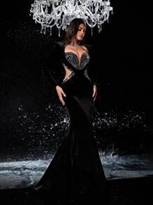 Glamrae Elegant Black Velvet Long Sleeve Luxury Rhinestone Contrast Side High Slit Fish Tail Luxury Evening Gown, Wedding Guest Dress, Party Dress, Formal Dress