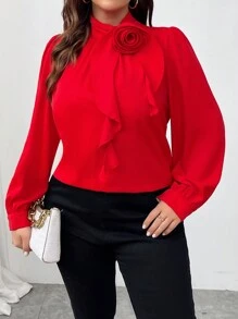 SHEIN Damska bluzka z kołnierzykiem z falbanką w rozmiarze plus size, ozdobiona kwiatami 3D, jesienna, noworoczna, walentynkowa