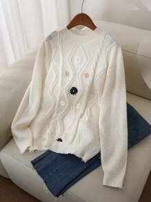 SHEIN Frenchy Plus Size Crew Neck Floral Embroidery Simple Casual Pullover Sweater - Multicolor - View 5