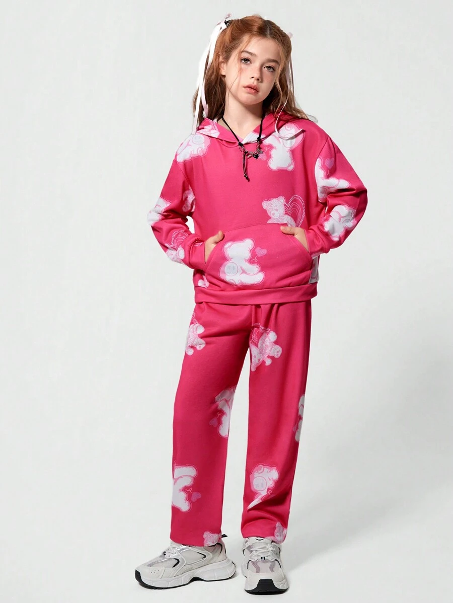 SHEIN 2pcs/Set Tween Girls Casual Loose Bear Print Hoodie Sweatshirt And Pants Set, Suitable For Daily, Commuting, Holiday, Streetwear, Gathering With Friends, Autumn/Winter - Black - View 1