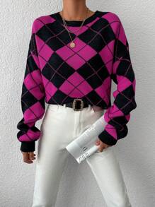 EURMUSE Argyle Pattern Drop Shoulder Sweater - Multicolor - View 4