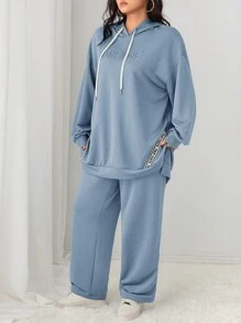 Mulvari Conjunto de 2 piezas talla grande casual con capucha con cordón y estampado de letras y pantalón de chándal, conjunto de 2 piezas para otoño