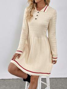 Chiquease Abito-maglione da donna con colletto a contrasto, in vita drappeggiato, gonna plissettata, autunno/inverno - Albicocca - Visualizzare 4