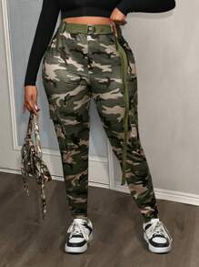 Slaydiva Elegant Casual Holiday New Year Valentine's Day Street/Streetwear Style For Women/Gyaru, Base Camo Print Skinny Cargo Pants - Green - View 5