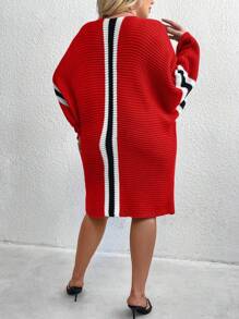 SHEIN CURVE+ فستان كاجوال بتصميم كم الخفاش مع ياقة مستديرة وخطوط، للنساء مقاسات كبيرة، موسم الخريف/الشتاء