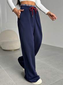 Chiquease Europäisch-amerikanische Mode Patchwork karierte Hüft-Loose Bequeme Weit geschnittene Hose - marineblau - Übersicht 4