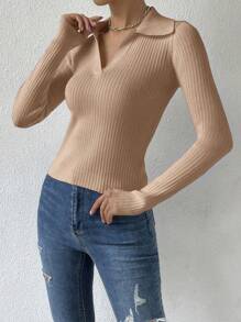 SHEIN Unity 1 pieza Suéter de mujer de unicolor de manga larga, ajustado y con textura, suéter de punto de otoño/invierno - Camel - Ver 4