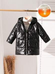 Baby Girls Solid Color Simple Daily Hooded Padded Coat - Black - View 1