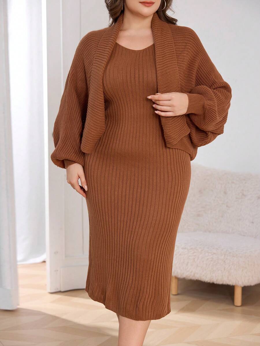 Modelyn Plus Size Elegant Solid Color Long Sleeve Cardigan And Sleeveless Knit Dress Set 2 Pieces Set - Camel - View 1
