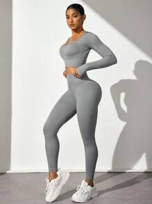 Easithlete Bộ đồ thể thao 2 món áo thun dệt kim dài tay tập yoga mùa đông cho nữ và quần legging - Nhiều màu - Xem 7