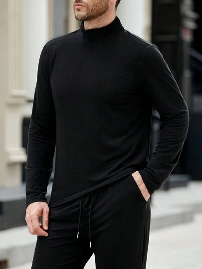 Manfinity Homme Conjunto casual de pantalones y camiseta de manga larga de cuello alto de unicolor para hombre, otoño