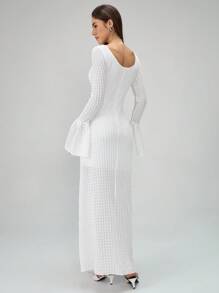SHEIN Unity 镂空纹理面料露肩长袖荷叶边连衣裙女式长款女装 - 米色 - 查看 2