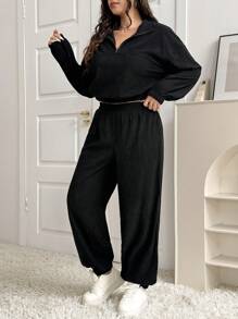 SHEIN EZwear 2 件大码纯色立领半拉链长袖上衣和裤子套装，秋冬 - 黑色 - 查看 3