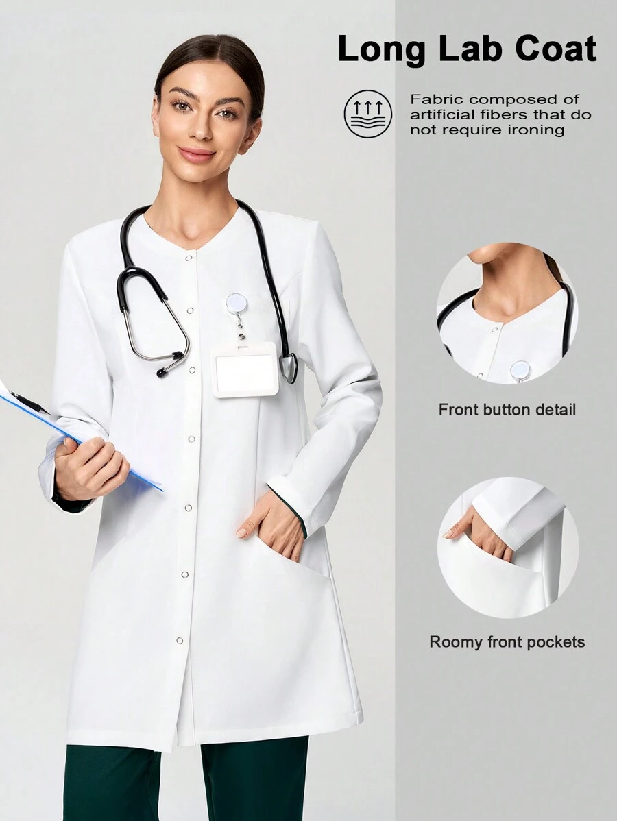 Scrubzie 抗皱凉爽触感女式长袖单排扣口袋实验室大衣/白大衣 - 白色 - 查看 1